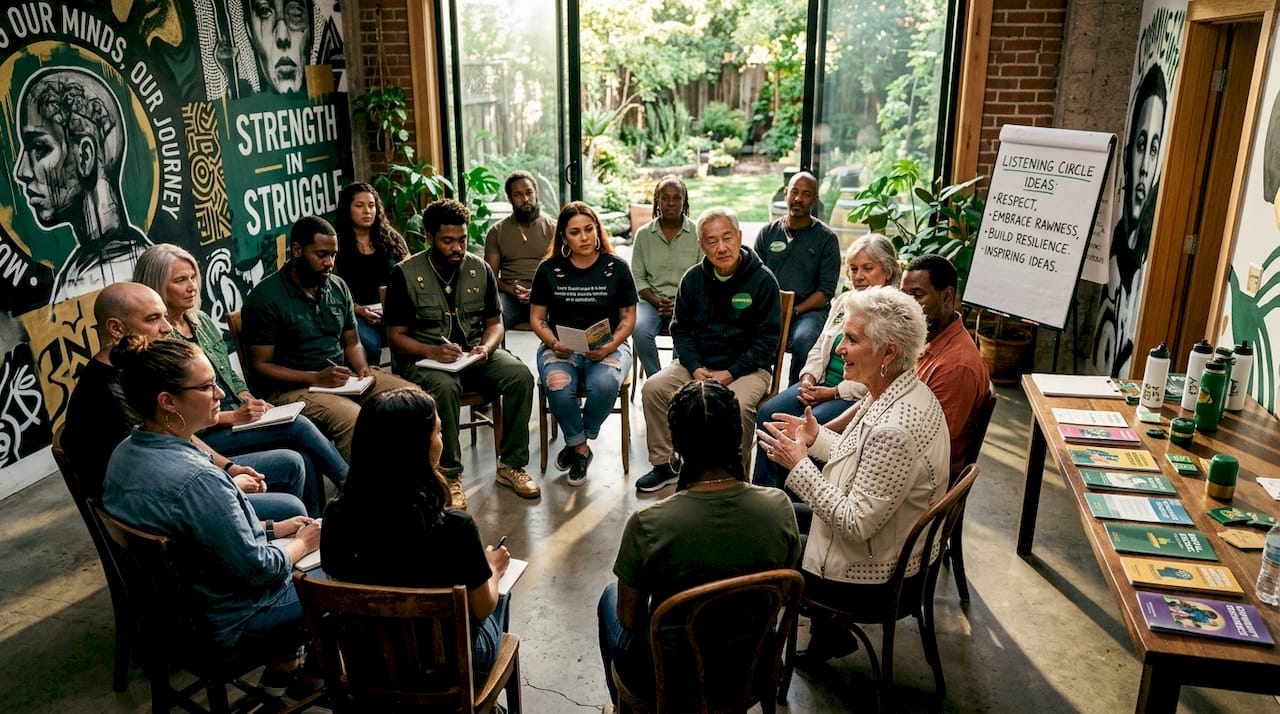 People engaged in community mental health meeting