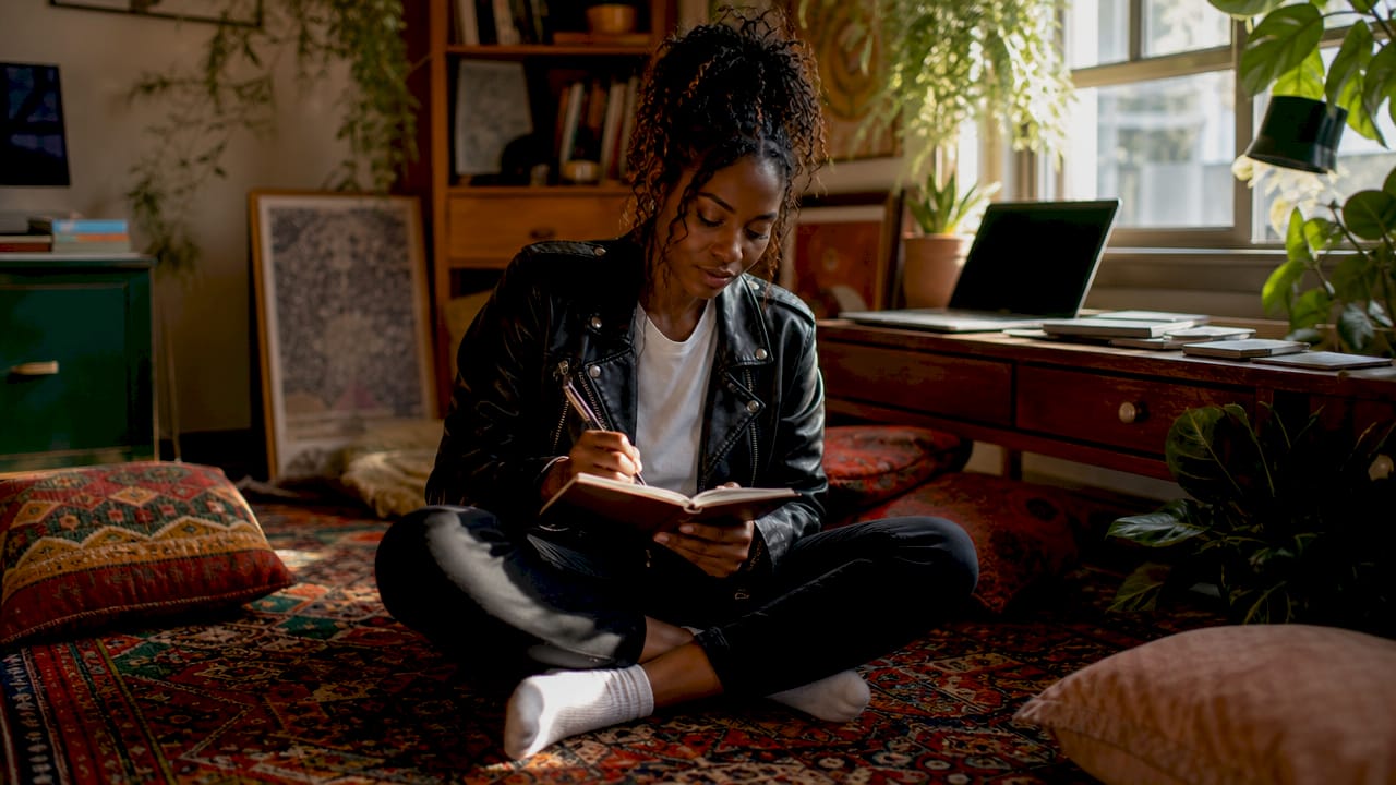 Woman journaling mental health triggers at home