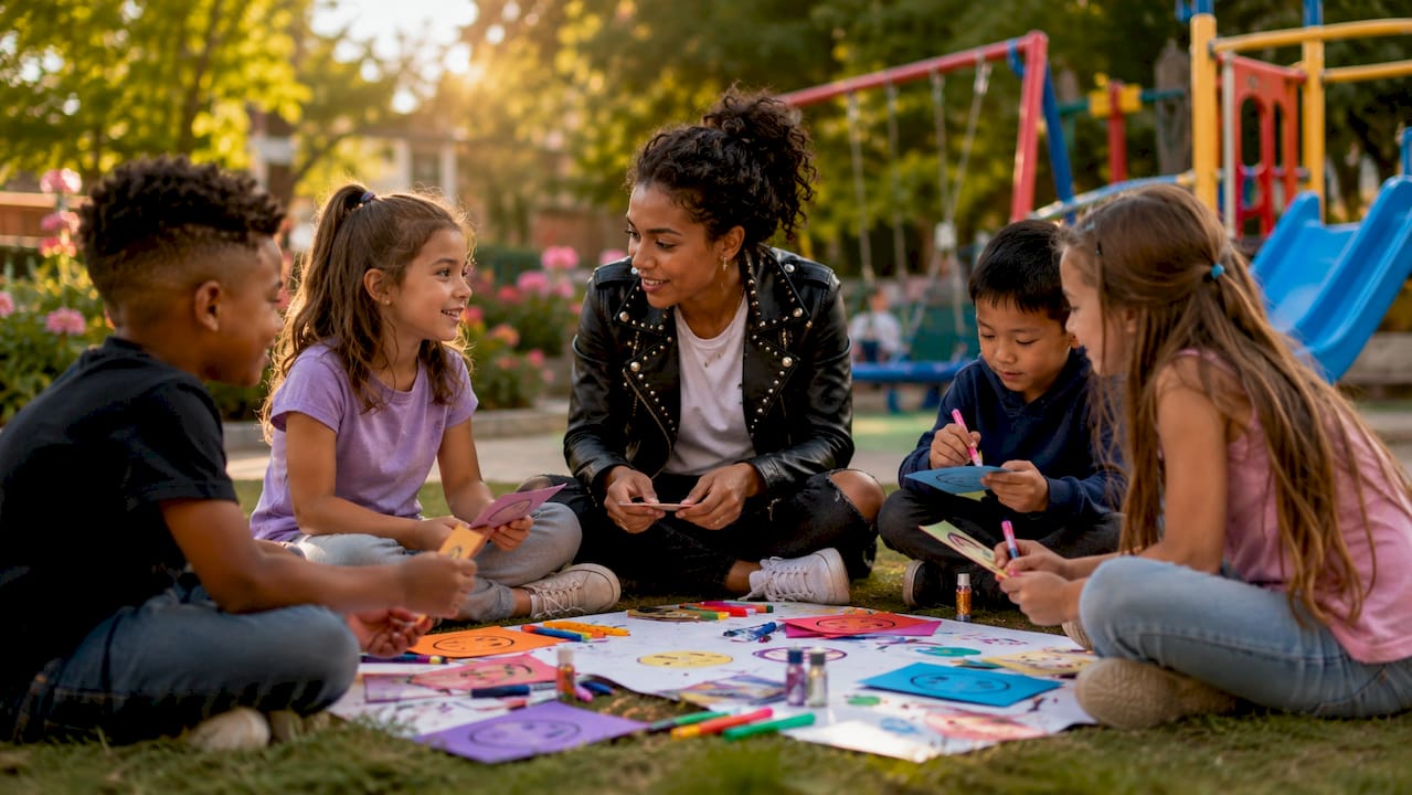 Teacher leading emotional awareness activity with children