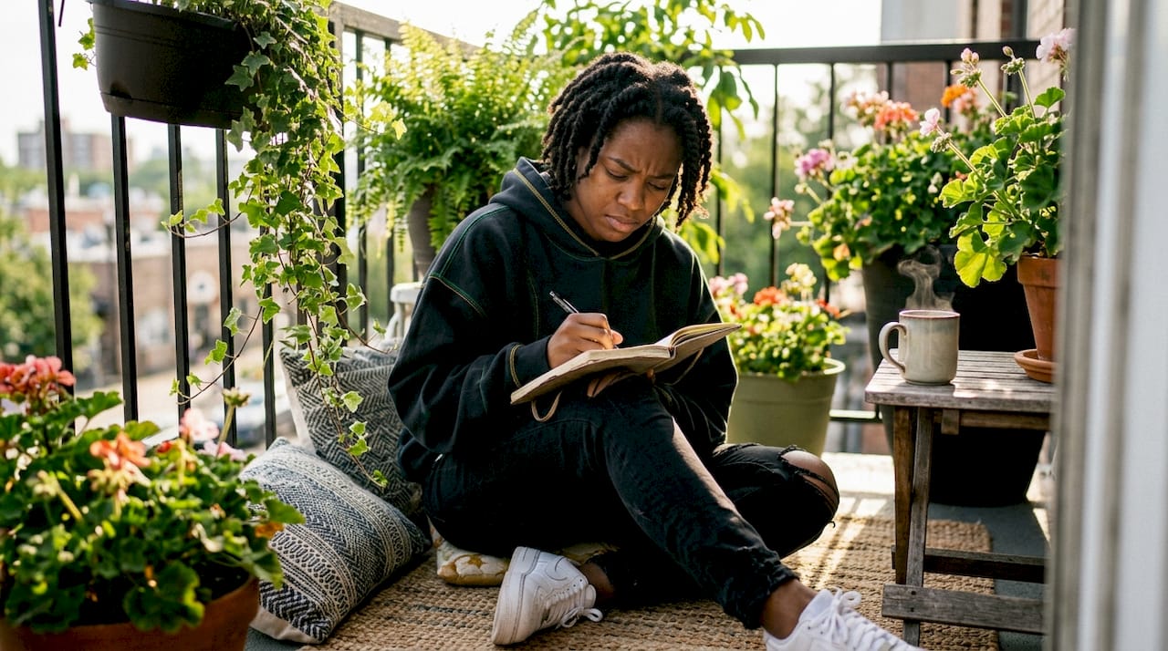 Woman writing mental health story at home