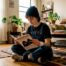 Person reviewing mental health apparel catalog at desk
