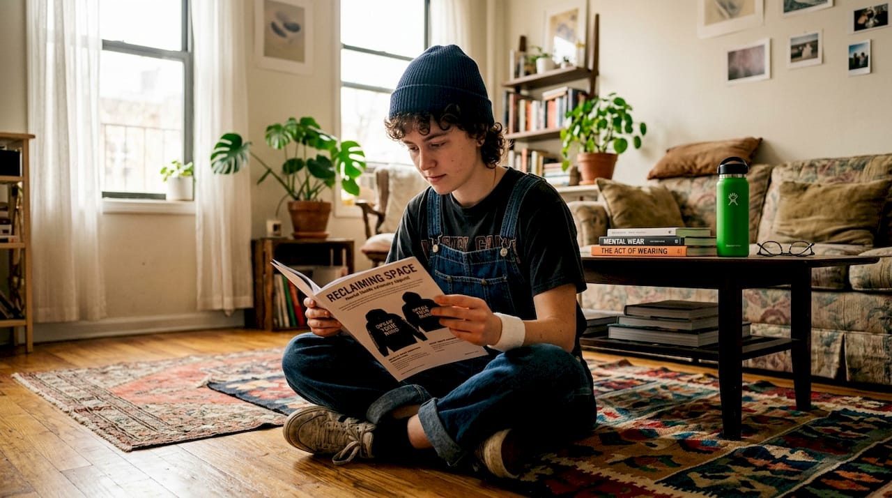 Person reviewing mental health apparel catalog at desk