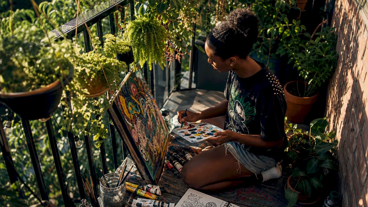 Young woman painting abstract art in cozy room