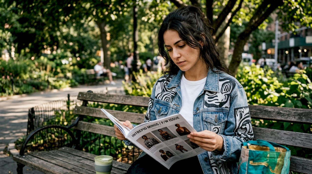 Person reviewing Freudian fashion catalog at café table