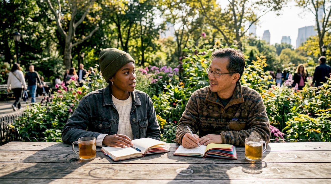 Two people discussing mental health language thoughtfully