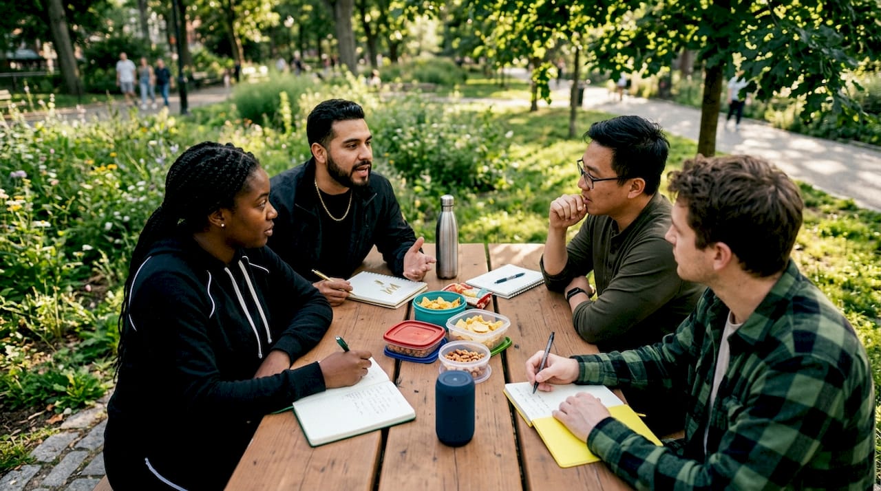 Diverse group discussing mental health advocacy