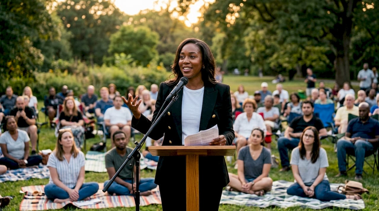 Woman speaking at community awareness event