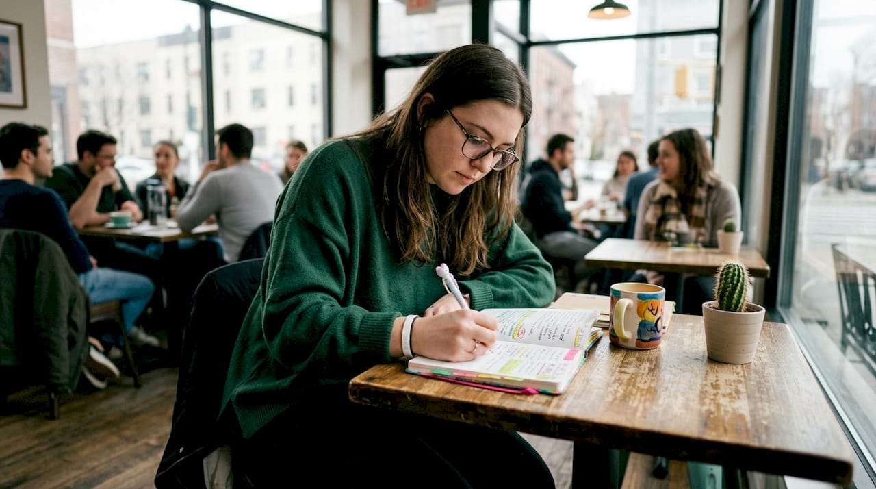 Woman writing coping skills checklist at kitchen table