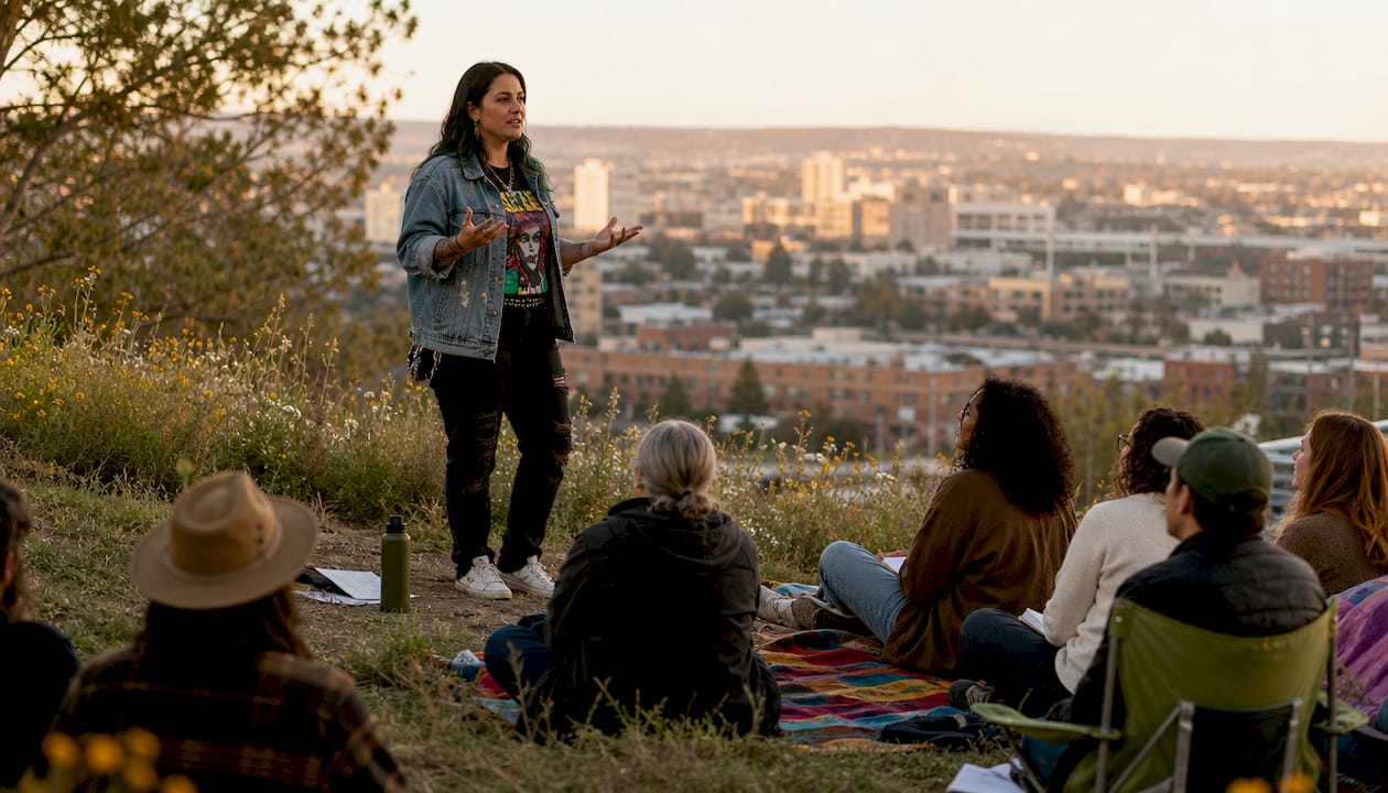 Activist giving public speech outdoors