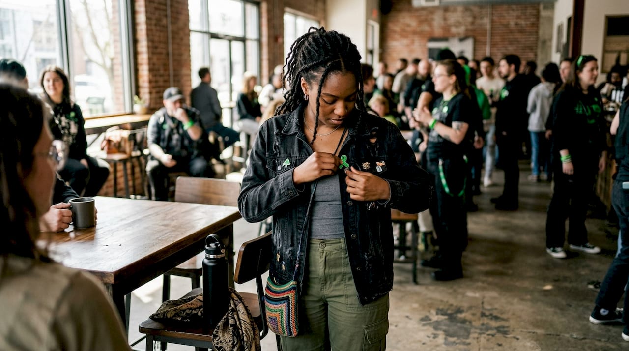 Woman adjusting mental health awareness pin outdoors