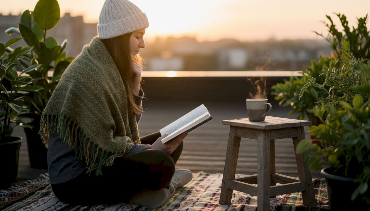 Woman reading mental health book in bright living room