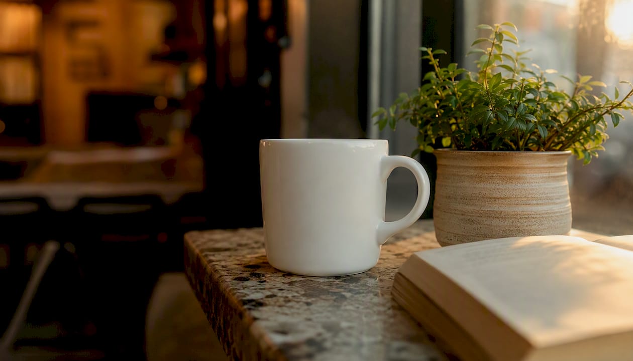 White mug with mental health quote on wooden table