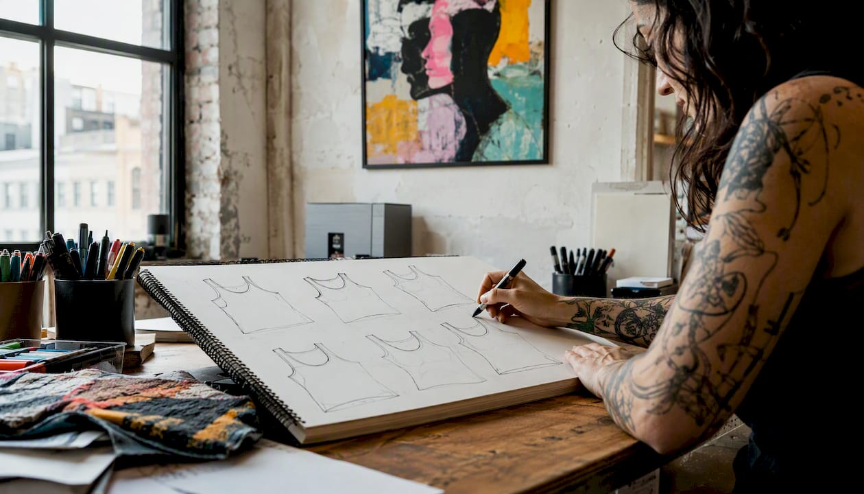 Designer sketching mental health tank top slogans