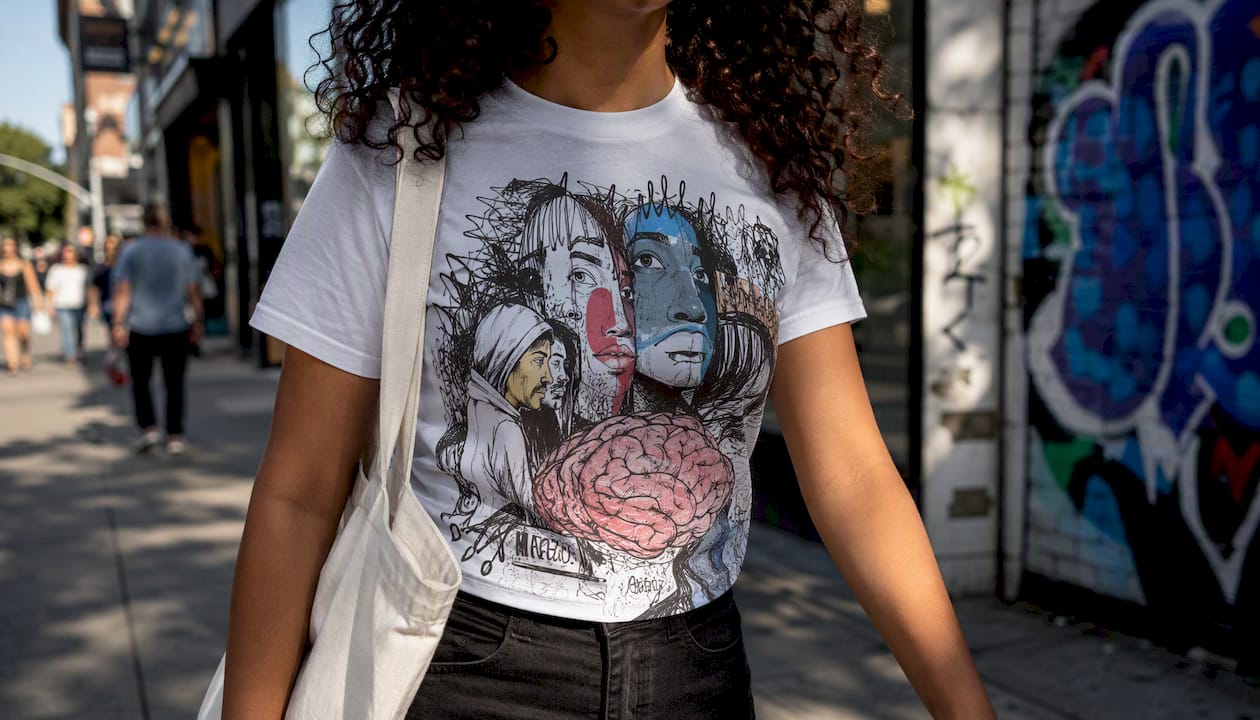 Person wearing bold graphic activism T-shirt