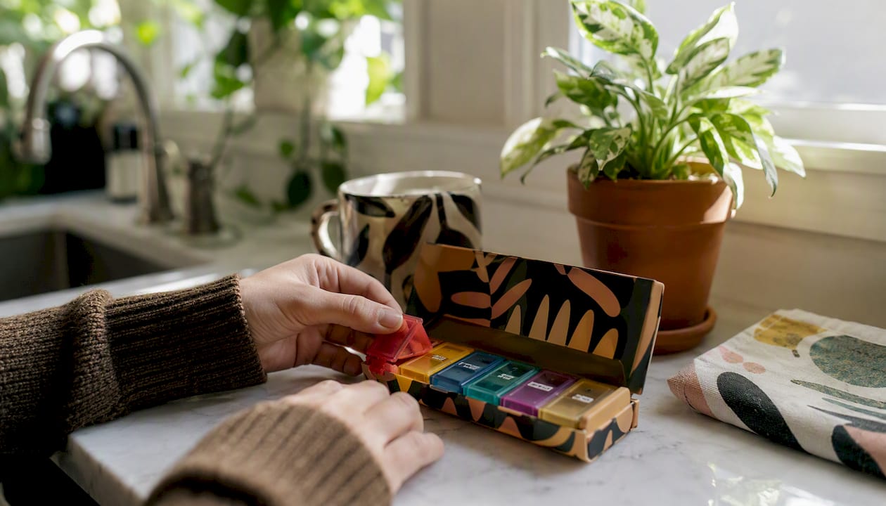 Hands opening pill organizer on table