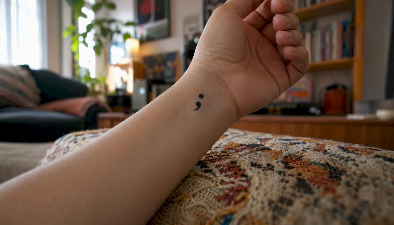 Semicolon tattoo on wrist close-up