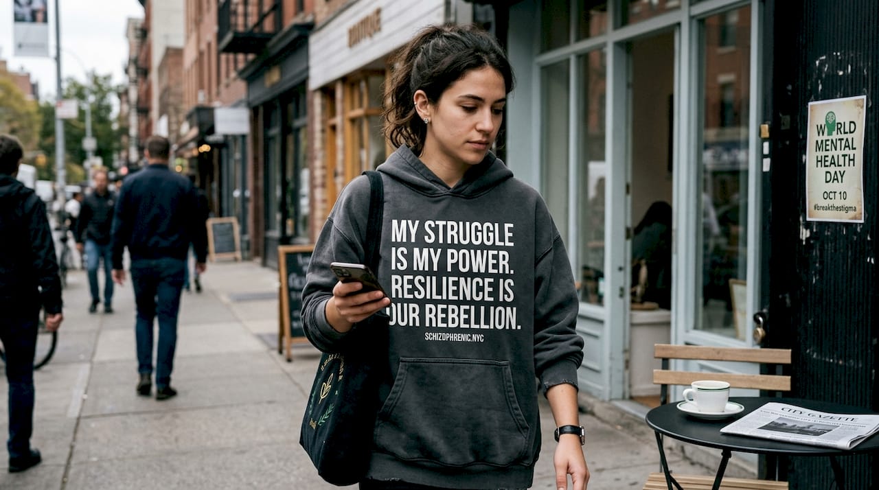 Young woman in advocacy sweatshirt on city sidewalk