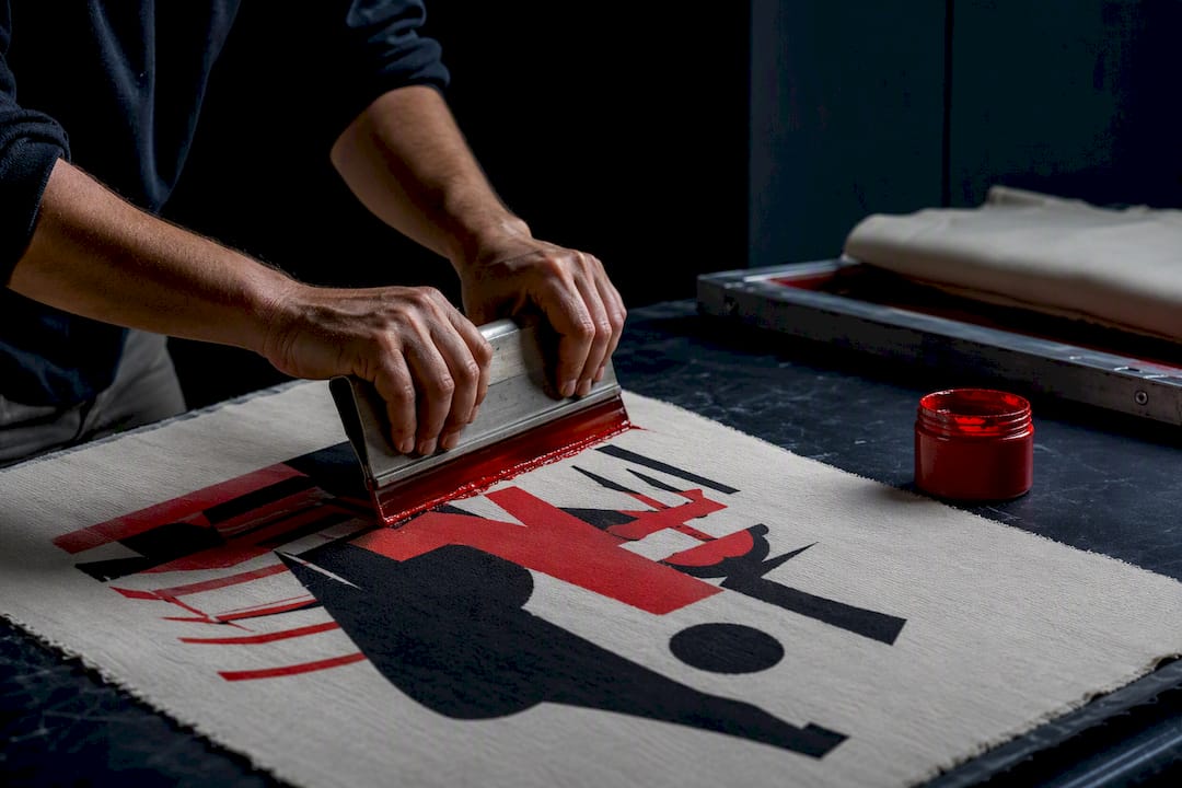 Hands screen-printing an advocacy fabric panel