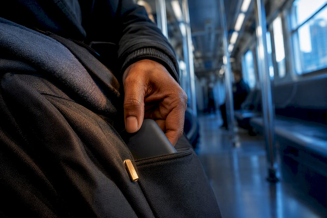 Hand discreetly accessing medication on train