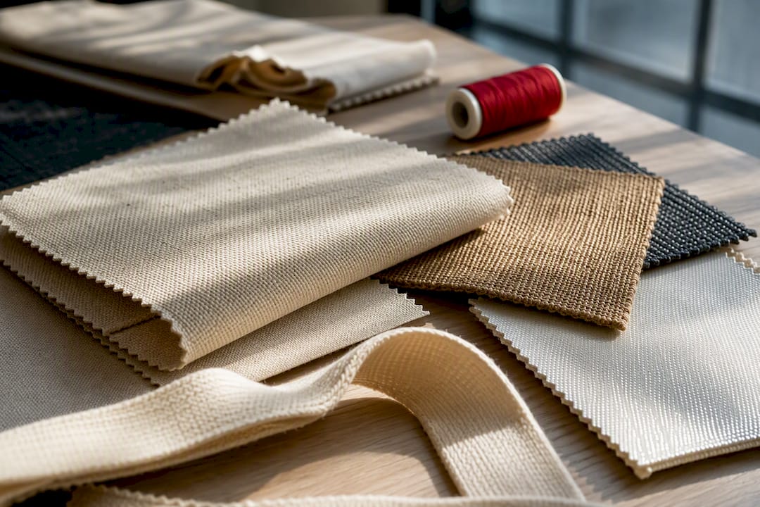 Canvas and tote material swatches on table