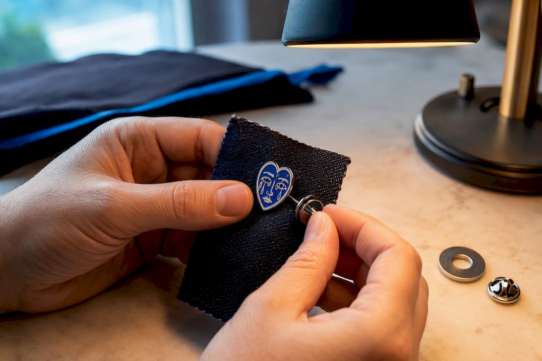 Hands securing enamel pin through denim
