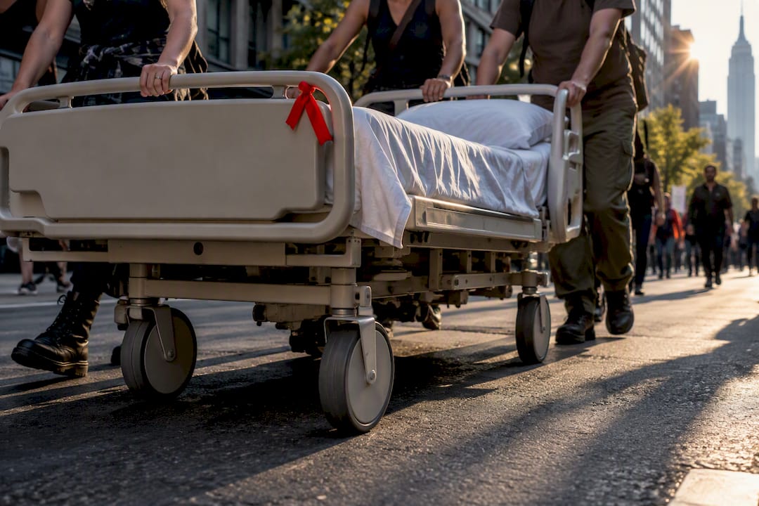 Activists pushing hospital bed through city street