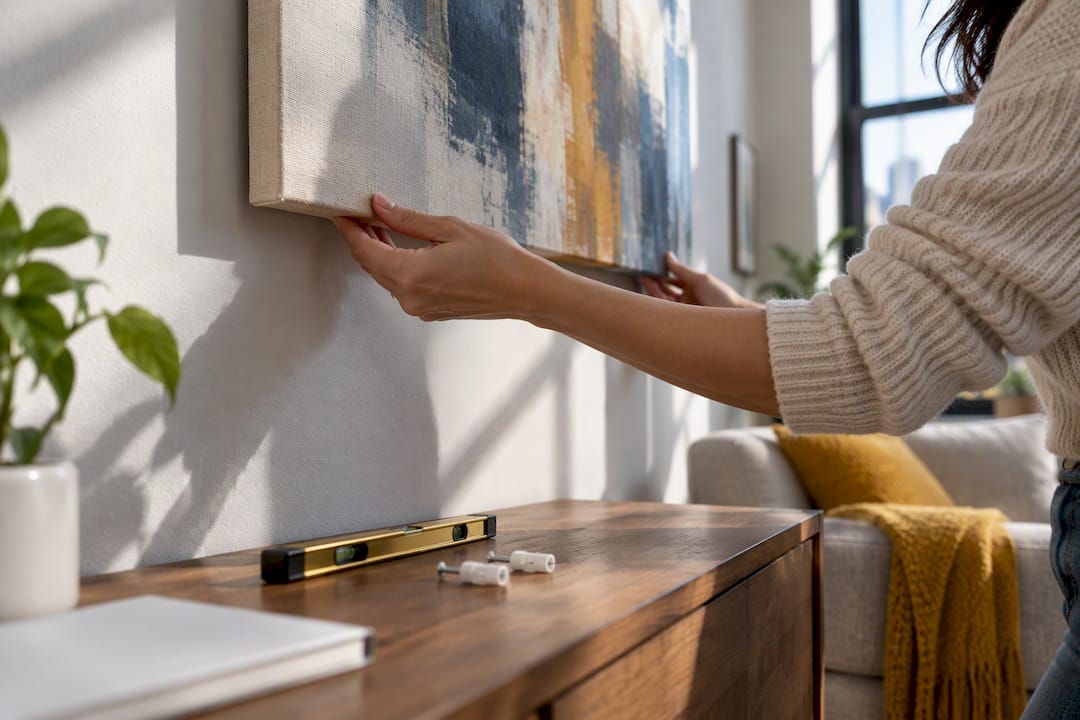 Hands aligning canvas on wall
