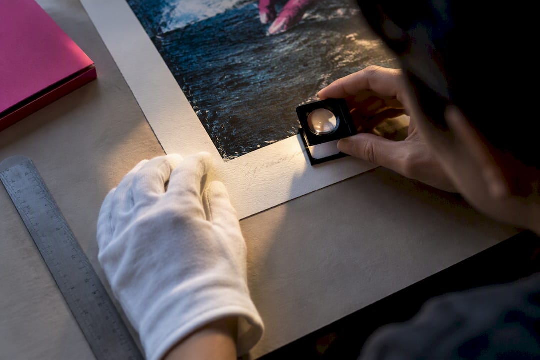 Hands inspecting signed print authenticity details
