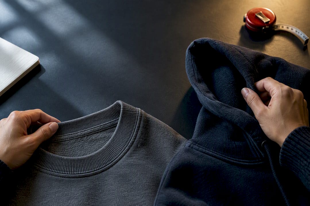 Hands comparing anonymous collar and hood details