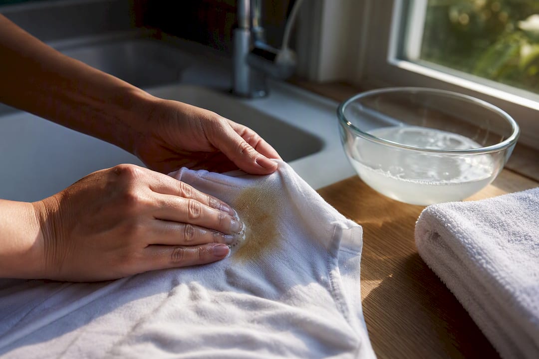 Hands treating yellow underarm shirt stain