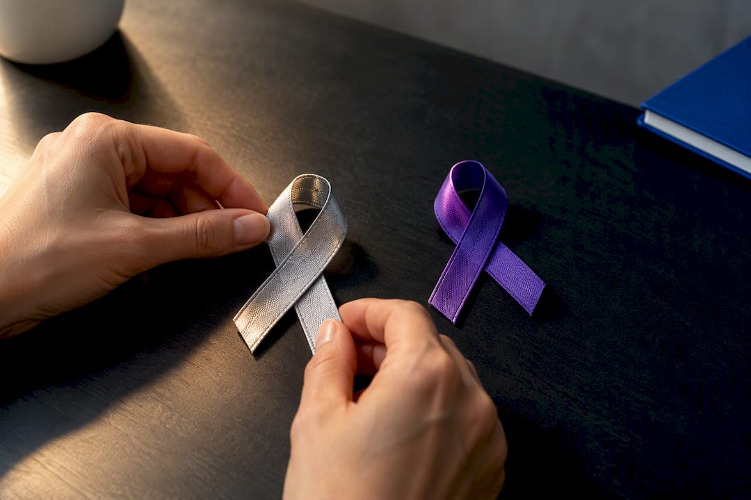 Hands choosing silver over purple awareness ribbons