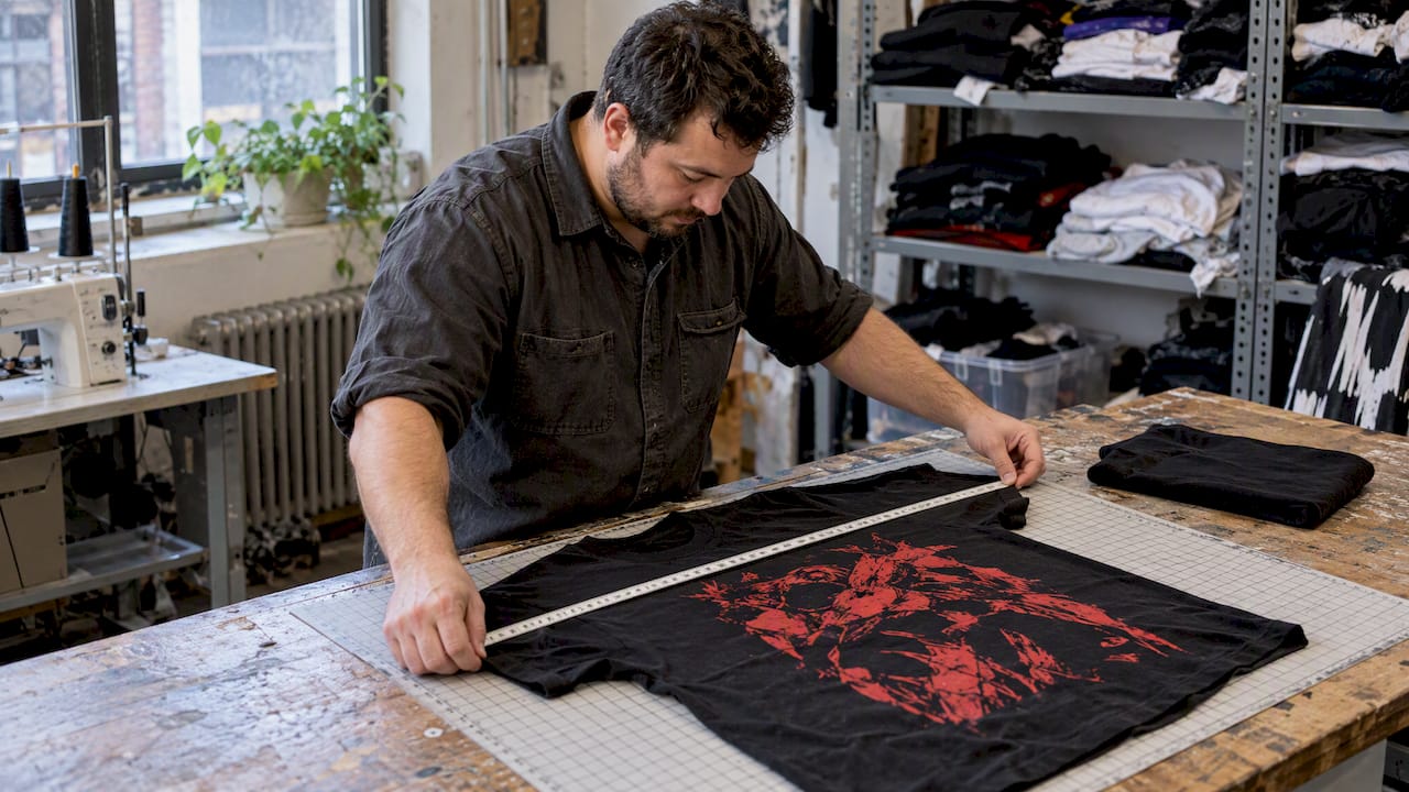 Technician measuring washed cotton T-shirt