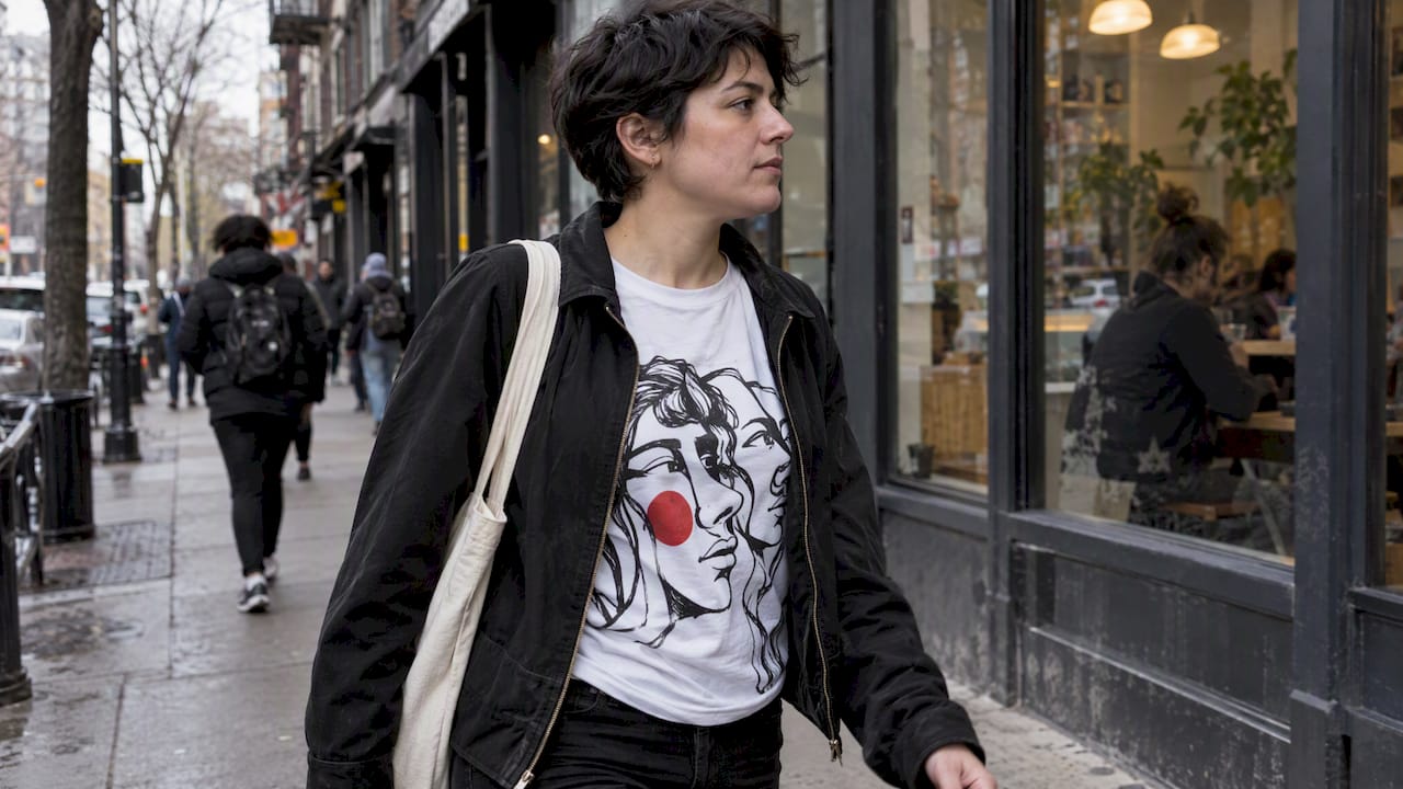 Advocate wearing expressive graphic T-shirt outdoors