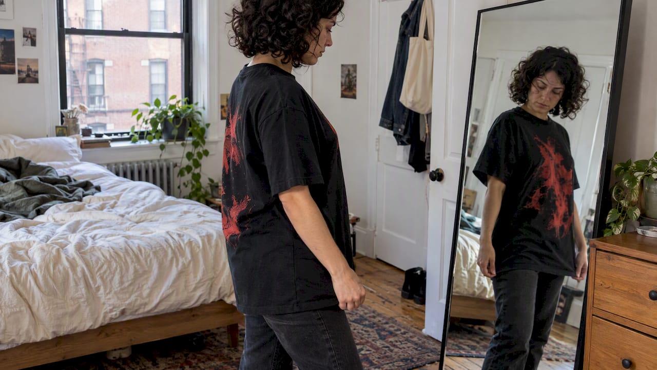 Person checking oversized tee fit