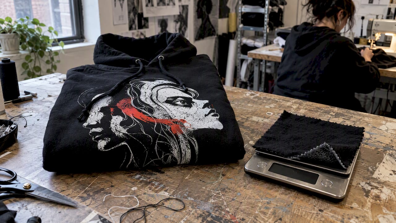 Graphic hoodie and fabric swatch on scale